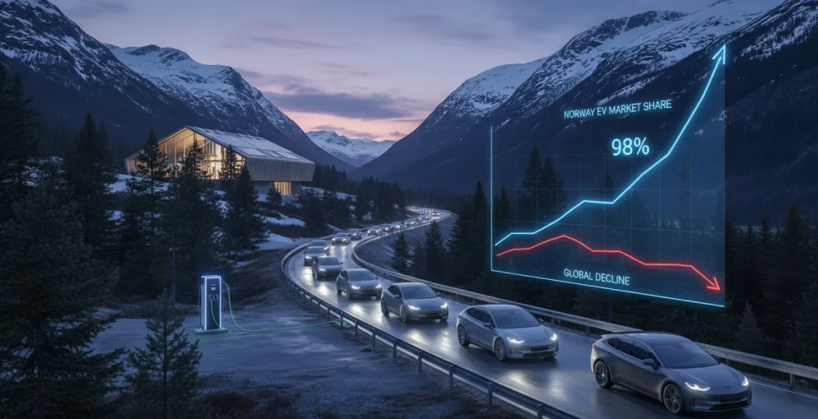 Norvegia controtendenza: Auto elettriche al 98% del mercato, ignorando il declino globale