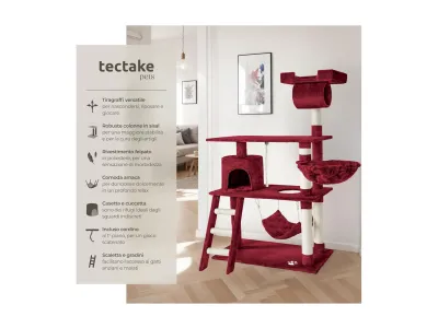 tectake® Tiragraffi per gatti multifunzionale con amaca, piattaforme, colonne in sisal, gioco e relax, rosso vino