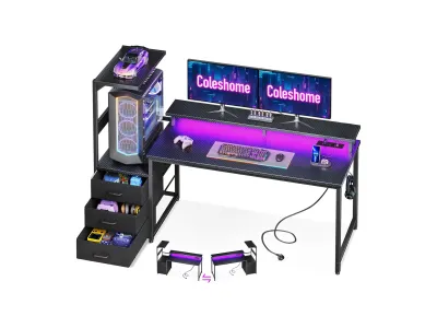 Coleshome - Scrivania Gaming 151x50 cm, LED, prese, cassetti, supporto schermo, fibra di carbonio nera, reversibile