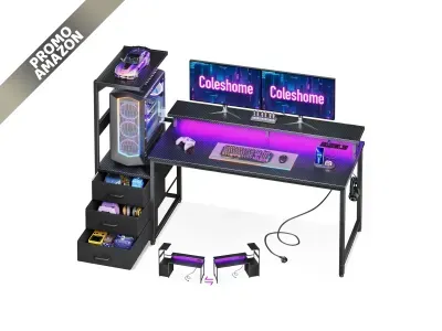 Coleshome - Scrivania Gaming 151x50 cm, LED, prese, cassetti, supporto schermo, fibra di carbonio nera, reversibile