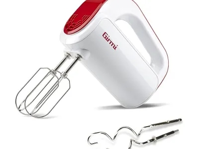 Girmi SB02, sbattitore elettrico 170W, 5 velocità, Turbo, fruste e ganci inox per dolci e impasti, bianco/rosso