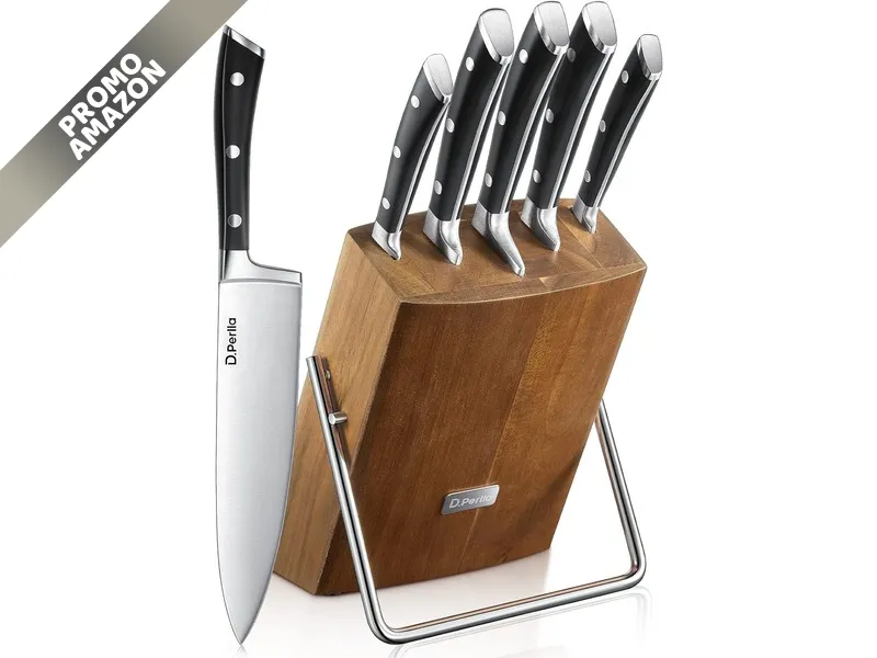 D.Perlla Set 6 Coltelli Cucina in Acciaio X50Cr15, con Ceppo in Legno, ideali per Frutta e Verdura