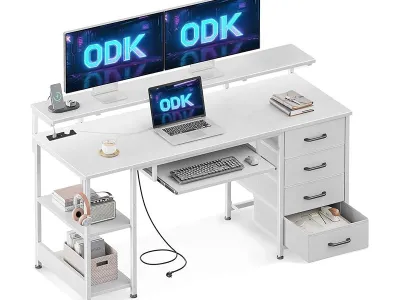 ODK - Scrivania 140x52x92 cm con 4 cassetti, presa elettrica, USB, ripiani regolabili, ideale per casa