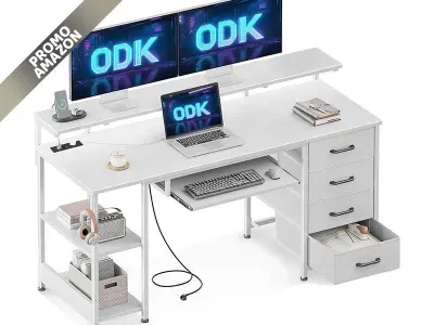 ODK - Scrivania 140x52x92 cm con 4 cassetti, presa elettrica, USB, ripiani regolabili, ideale per casa